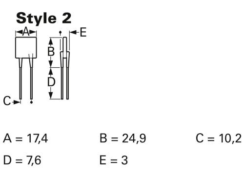 'Style 2' zeigt ein elektronisches Bauteil mit Abmessungen: A=17,4, B=24,9, C=10,2, D=7,6, E=3. Diagramm mit Vorder- und Seitenansicht.
