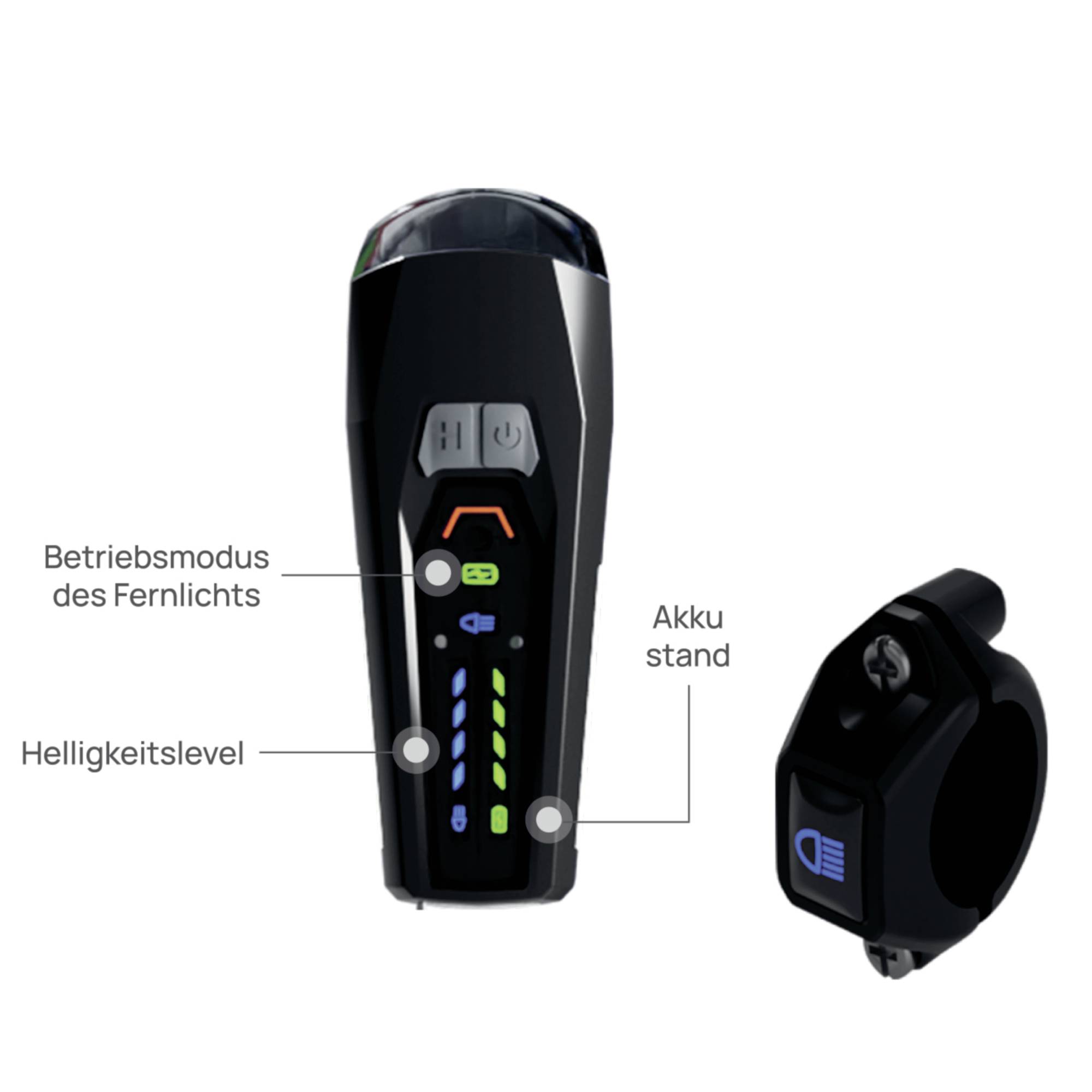 LED-Fahrradlicht mit Anzeige für Betriebsmodus, Helligkeitslevel und Akkustand. Separater Schalter für Fernlichtfunktion.