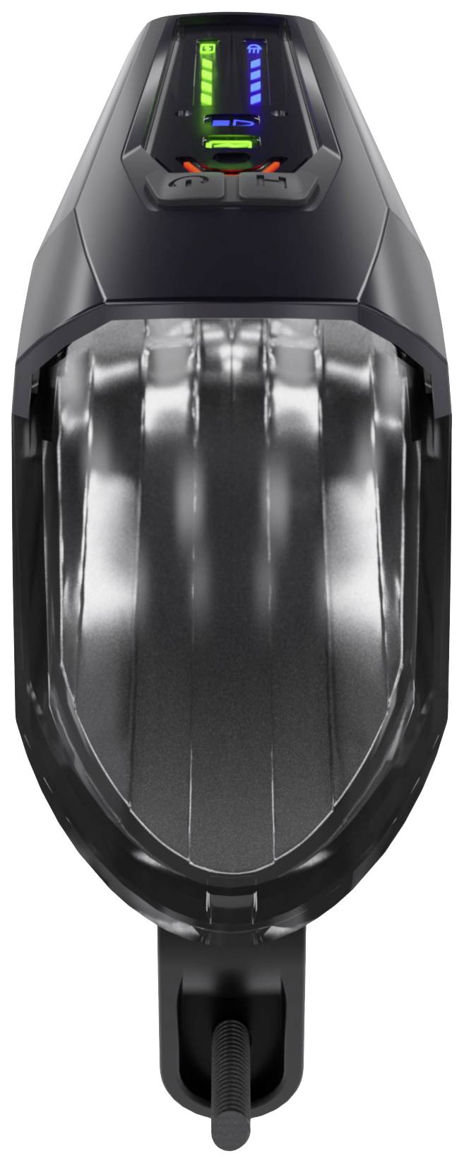 Schwarz-silberner Elektrorasierer mit LED-Anzeige, die den Batteriestand und verschiedene Einstellungen farblich kennzeichnet.