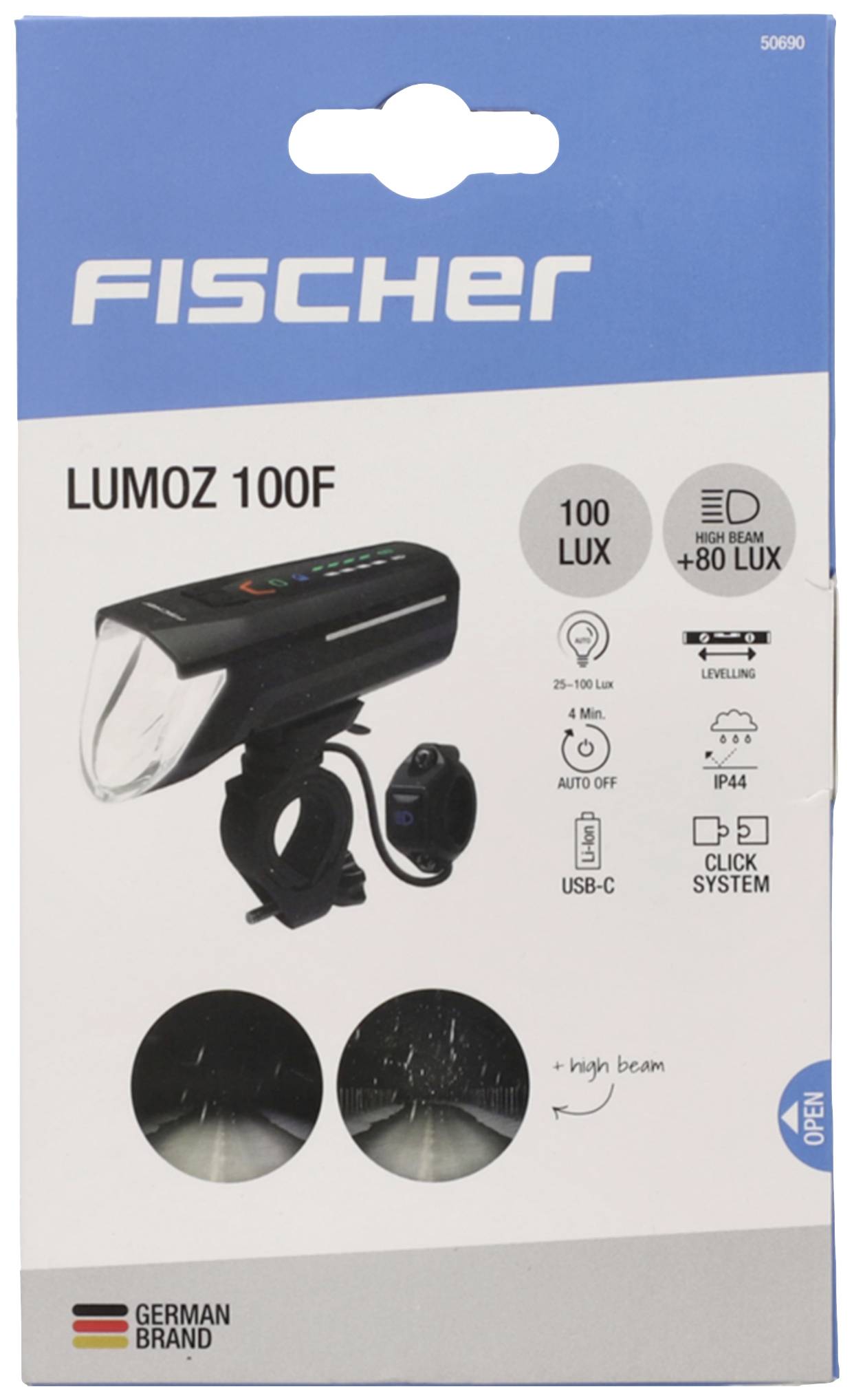Fahrradlampe 'FISCHER LUMOZ 100F' auf Verpackung. 100 Lux, USB-C-Ladeanschluss, kompatibel mit Fender, Regen- und Staubschutz (IP44).