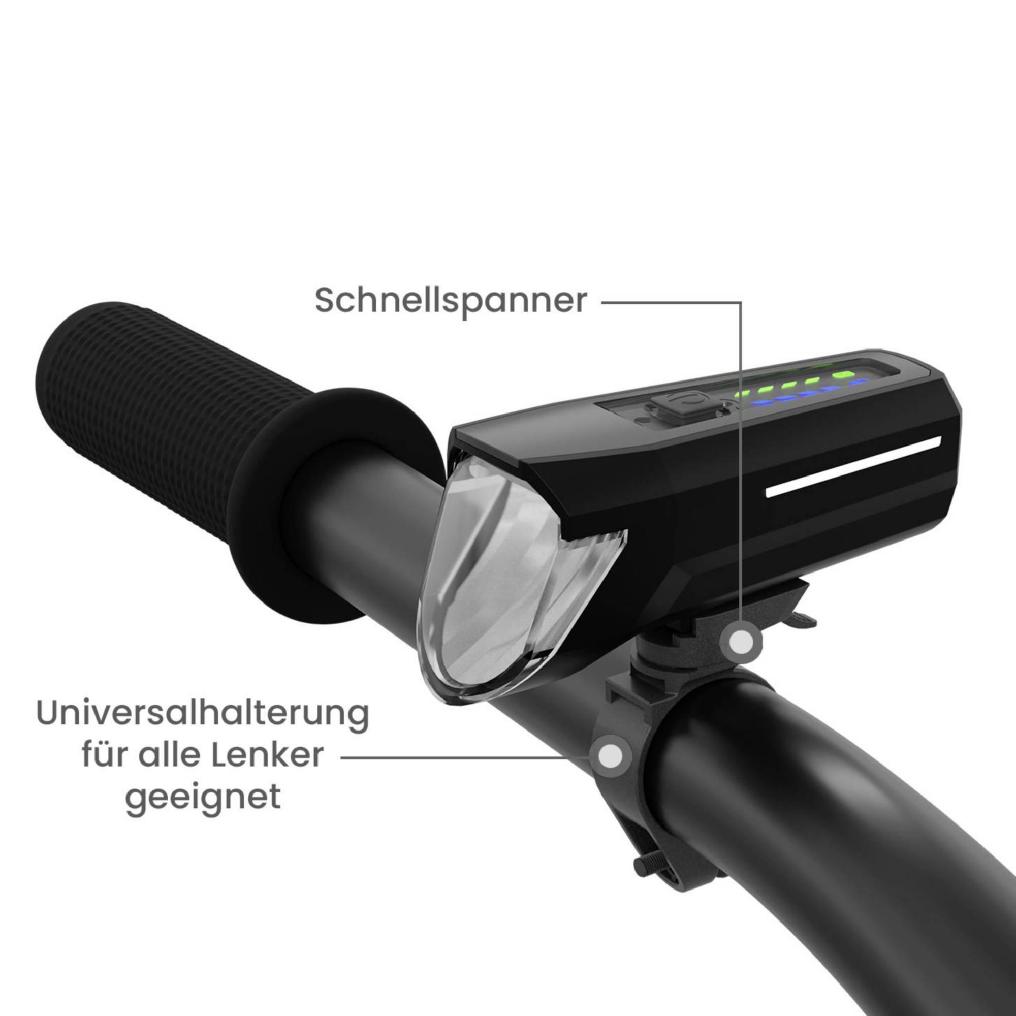 Fahrradlenker mit montierter LED-Lampe, die einen Druckverschluss und eine Universalhalterung für alle Lenker enthält.