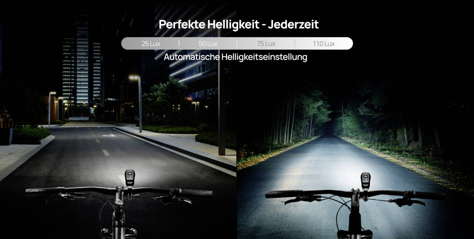 Fahrradlenker mit Licht leuchtet zwei Straßen aus: städtische Straße links, bewaldeter Weg rechts. Text oben: 'Perfekte Helligkeit - Jederzeit'.