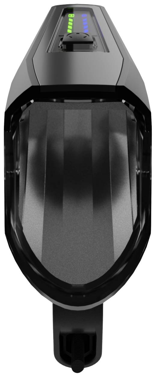 Elektrischer Bohrhammer in Schwarz und Grau, von oben gesehen. Oben sind grüne und blaue LED-Anzeigen sichtbar.