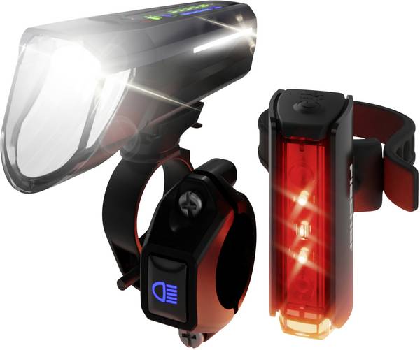 FISCHER FAHRRAD Fahrradbeleuchtung Set PLUS 100/130 Fernlicht + TWIN STOP LED  Schwarz