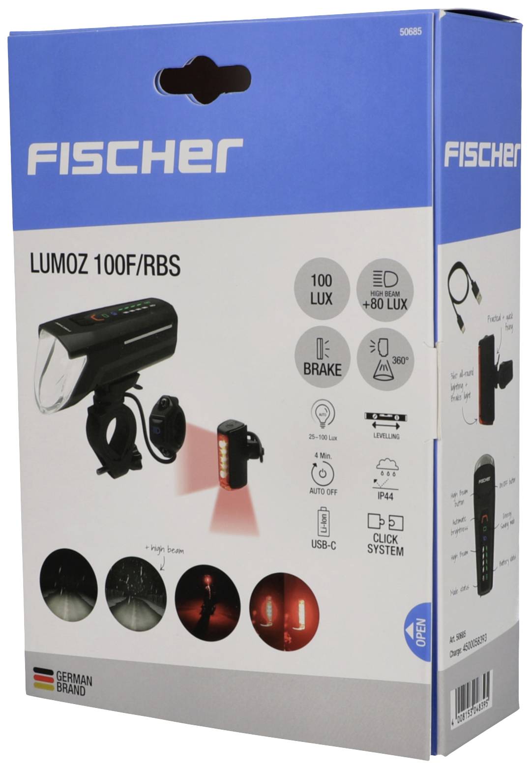 Verpackung einer Fischer Fahrradlampe 'LUMOZ 100F/RBS'. Zeigt Helligkeit 100 Lux, Bremslicht, 360° drehbar, USB-C-Anschluss, IP64-Schutz.
