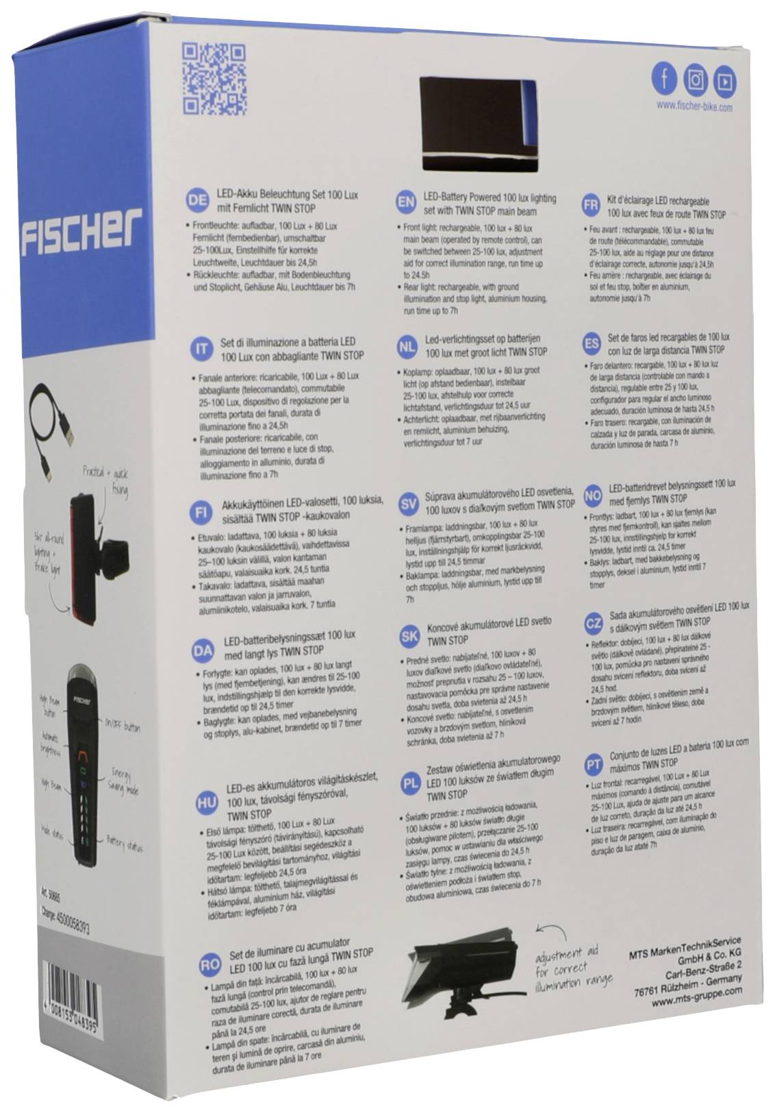 Rückseite einer Verpackung mit Text, das verschiedene Eigenschaften eines Fahrradbeleuchtungssets beschreibt. Oben links Logo 'Fischer'.