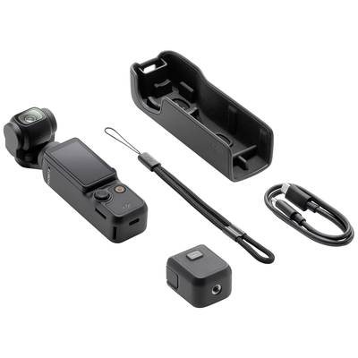 Kamera mit Zubehör: Kamera mit Bildschirm, Schutzgehäuse, Armband, kleines Zusatzteil und USB-Kabel, auf weißem Hintergrund.