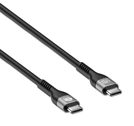 Zwei schwarze USB-C-Kabel mit geflochtenem Design liegen nebeneinander; eines hat die Aufschrift '100W' und das andere '65W'.