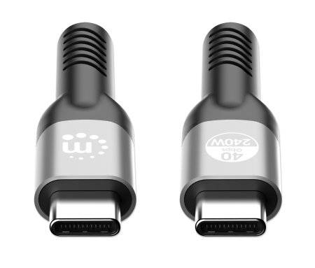Zwei USB-C-Stecker nebeneinander. Links: "m" Symbol, rechts: Aufschrift '40 Gbps 240W'. Beide haben graue und schwarze Elemente.