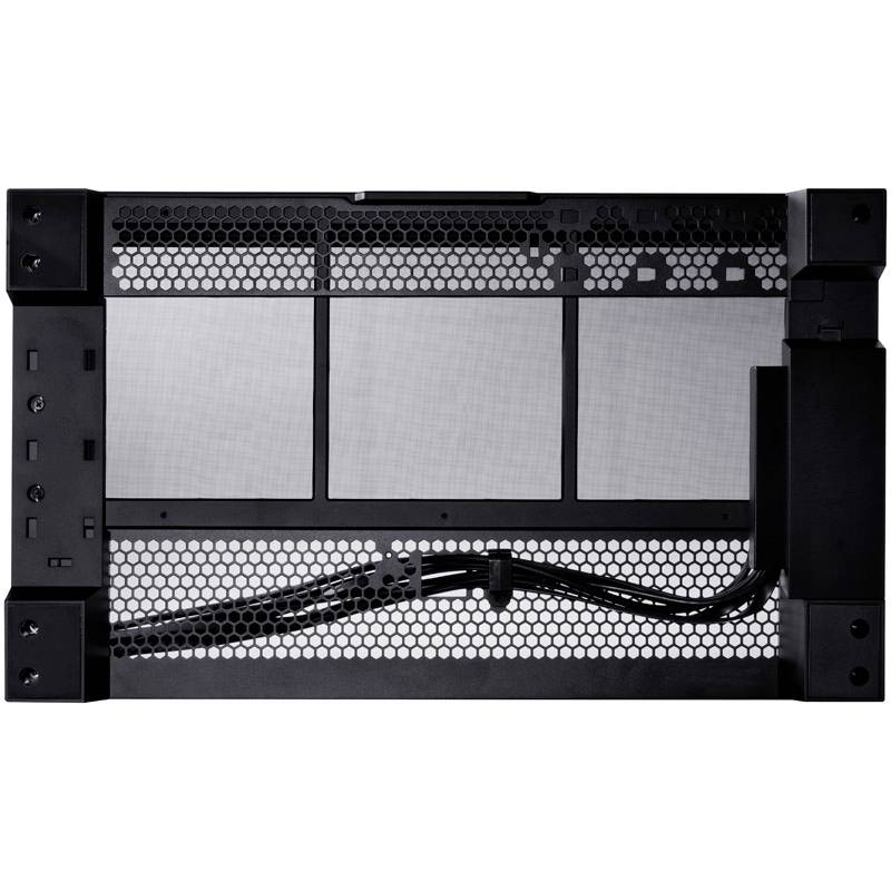 Schwarzes Computergehäuse von oben mit Lüftungsgitter. Kabel sind verlegt. Geeignet für PCs oder Server, bietet Platz für Hardware.