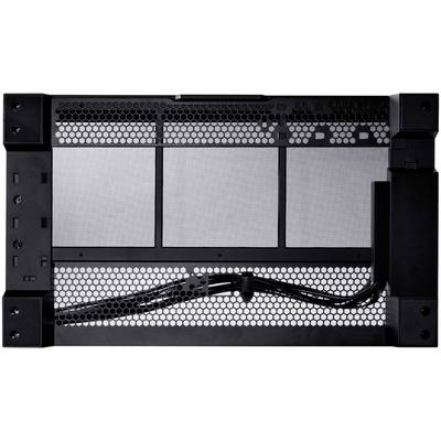 Schwarzes Computergehäuse von oben mit Lüftungsgitter. Kabel sind verlegt. Geeignet für PCs oder Server, bietet Platz für Hardware.