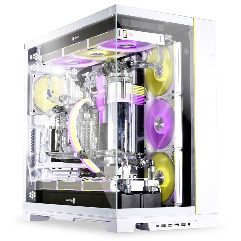 Ein moderner Computer mit transparentem Gehäuse zeigt innen gelbe und violette Lüfter sowie komplexe Hardware-Komponenten.