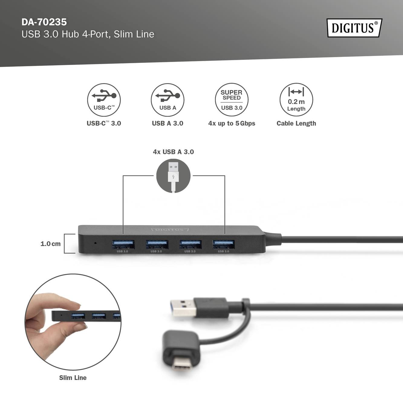'DA-70235 USB 3.0 Hub, 4-Port, 1.0 cm Kabel, 5 Gbps Übertragung, Super Speed, Slim Line Design, USB-C auf USB A, 0,2 m Kabellänge.'