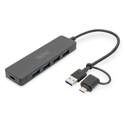 Ein schwarzer USB-Hub mit vier USB-Ports und einem fest integrierten Kabel mit USB-A- und USB-C-Stecker.