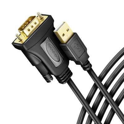 Ein schwarzes VGA-Kabel mit einem Adapter, der eine goldene USB-Verbindung anzeigt. Kabel ist gebogen und bildet halbrunde Schlaufen.