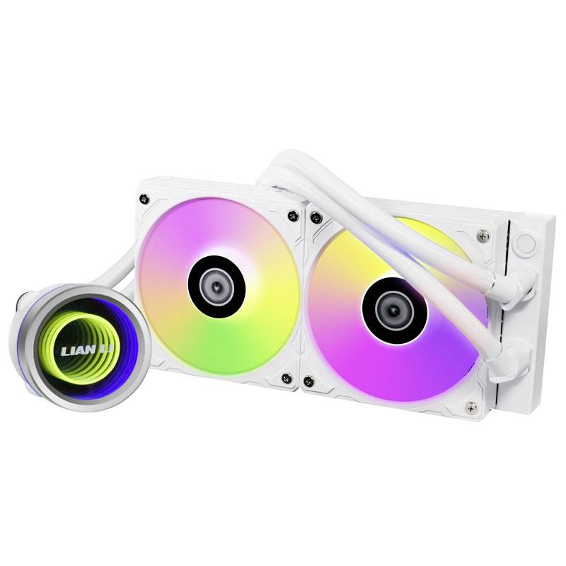 Zwei Computerlüfter mit Regenbogen-LED-Beleuchtung und einem runden Display, das den Markennamen zeigt, in einem weißen Gehäuse.