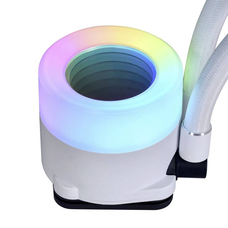 Ein runder, weißer Luftbefeuchter mit leuchtendem LED-Ring in Regenbogenfarben, zwei flexiblen Schläuchen und moderner Optik.