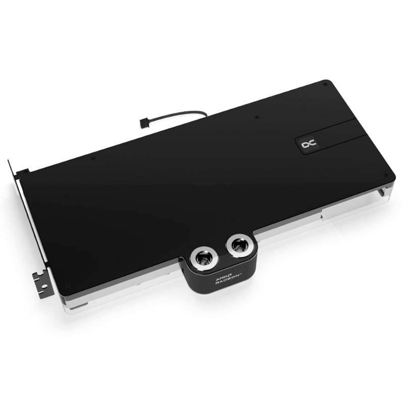 Schwarzer GPU-Wasserkühler aus Metall mit Anschlüssen und Logo, entworfen für leistungsstarke Kühlung in Computern.