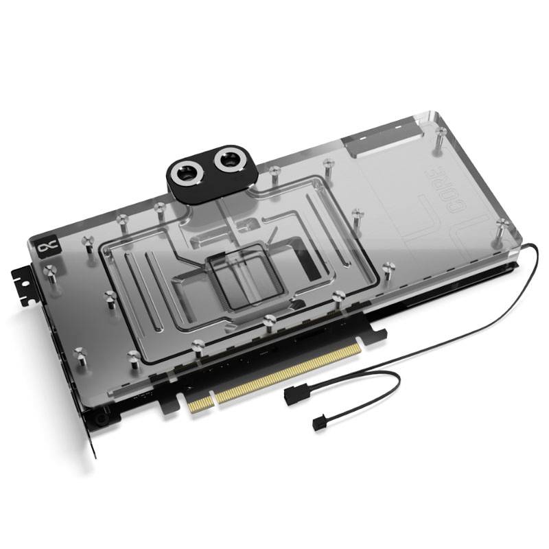 Durchsichtiger Wasserkühler für eine Grafikkarte, mit Anschlüssen und Kabeln, designed für effiziente Wärmeableitung bei hohen Leistungen.