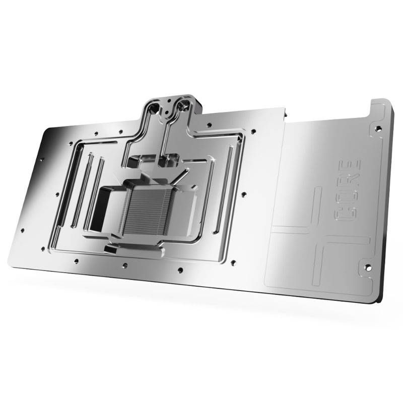 Metallplatte mit präzisen Aussparungen und Bohrungen, möglicherweise Teil einer technischen oder industriellen Maschine.