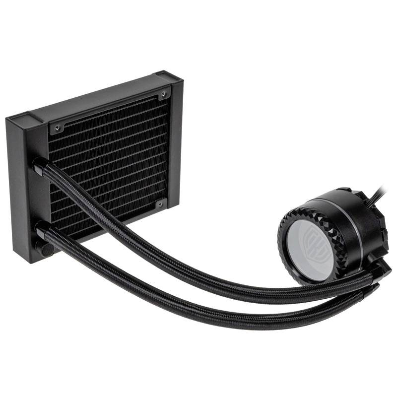 Eine kompakte, schwarze Wasserkühlungseinheit mit zwei Schläuchen und einem Radiator, geeignet für die Kühlung von Computerprozessoren.