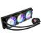 Dreifacher RGB-Lüfter-Kühlkörper mit Schläuchen, leuchtenden Farben und einem beleuchteten Prozessorblock. Geeignet für Gaming-PCs.