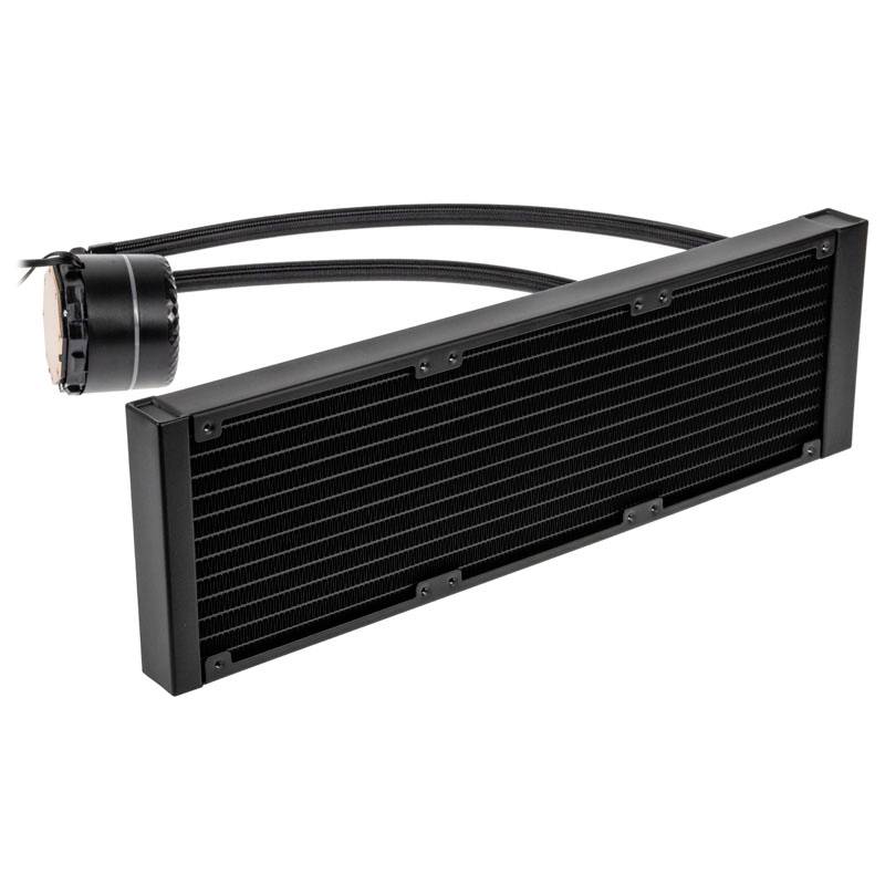 Schwarzer Computer-Wasserkühler mit rechteckigem Radiator und angeschlossenem Pumpenkopf. Speziell für die Kühlung von PC-Hardware.