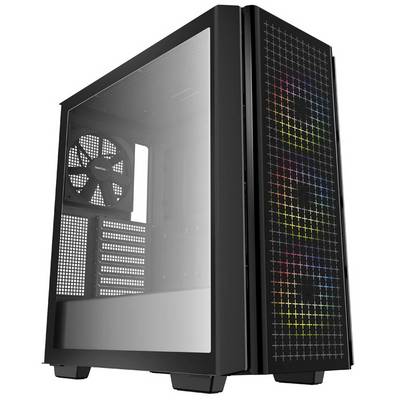 Schwarzer Computer-Tower mit transparentem Seitenfenster und drei farbig leuchtenden Lüftern an der Vorderseite.