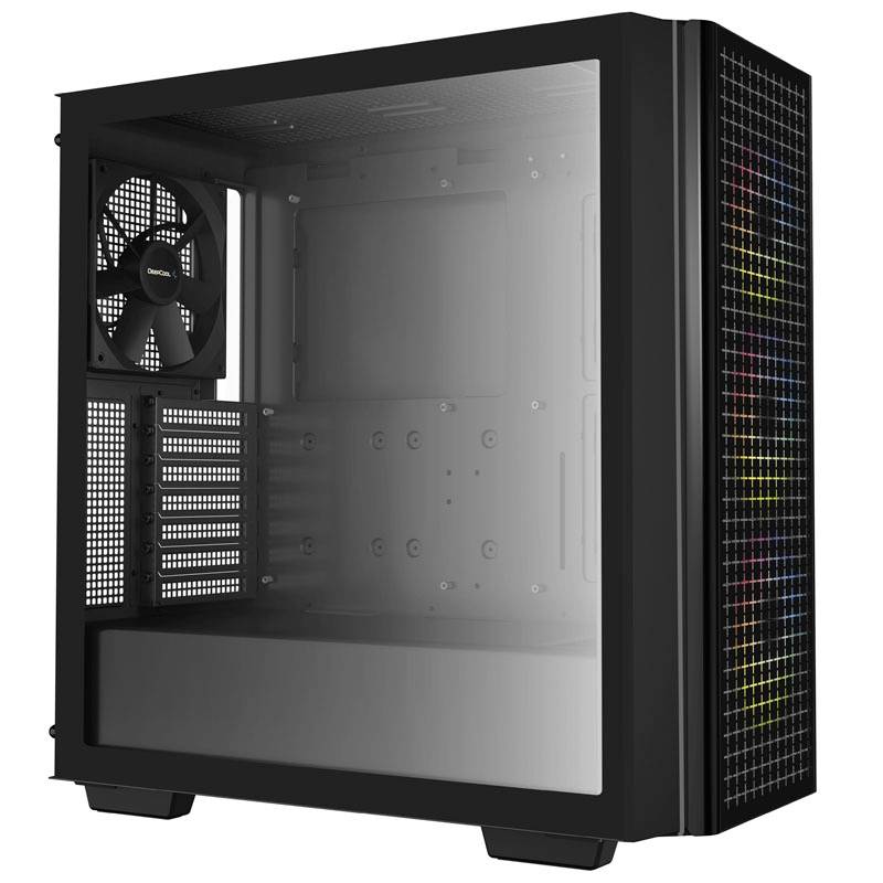 Schwarzes Computergehäuse mit Gitterfront und seitlichem Glasfenster. Innerhalb ist ein Lüfter hinten sichtbar. Geeignet für PC-Bau.