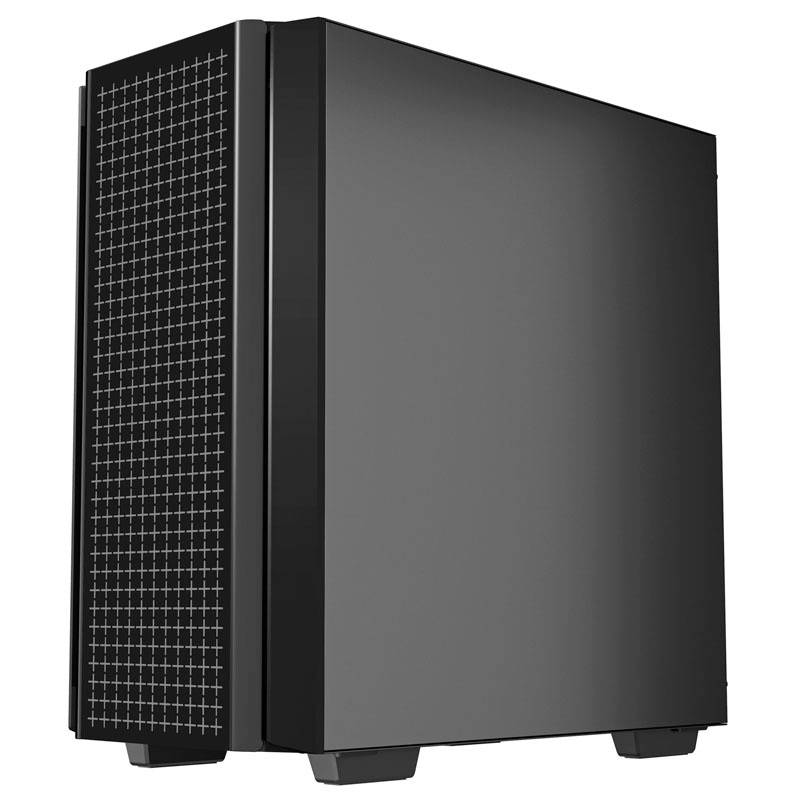 Schwarzes Computergehäuse mit gitterartiger Frontplatte, stehend auf vier Füßen.