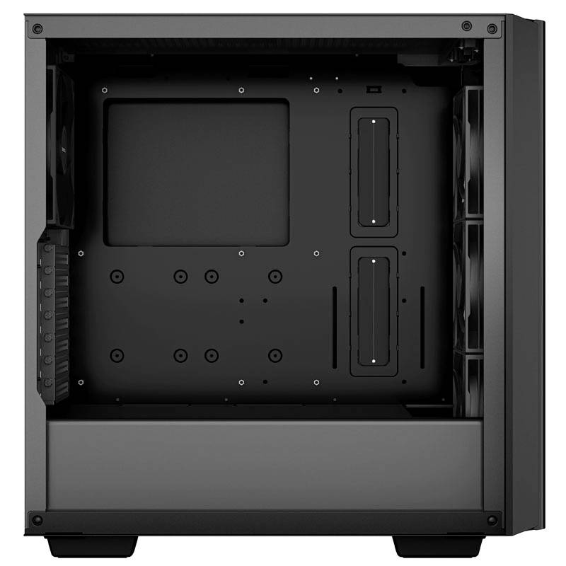 Leeres Computergehäuse in Schwarz, mit Sicht auf den Innenraum zur Aufnahme von Hardwarekomponenten für PC-Bau.