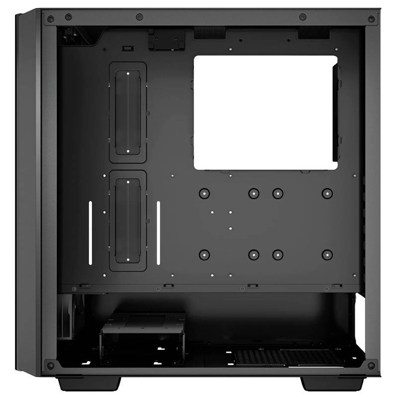 Ein leeres, schwarzes Computergehäuse ohne Komponenten, bereit für den Einbau von Hardware. Es zeigt interne Halterungen und Öffnungen.