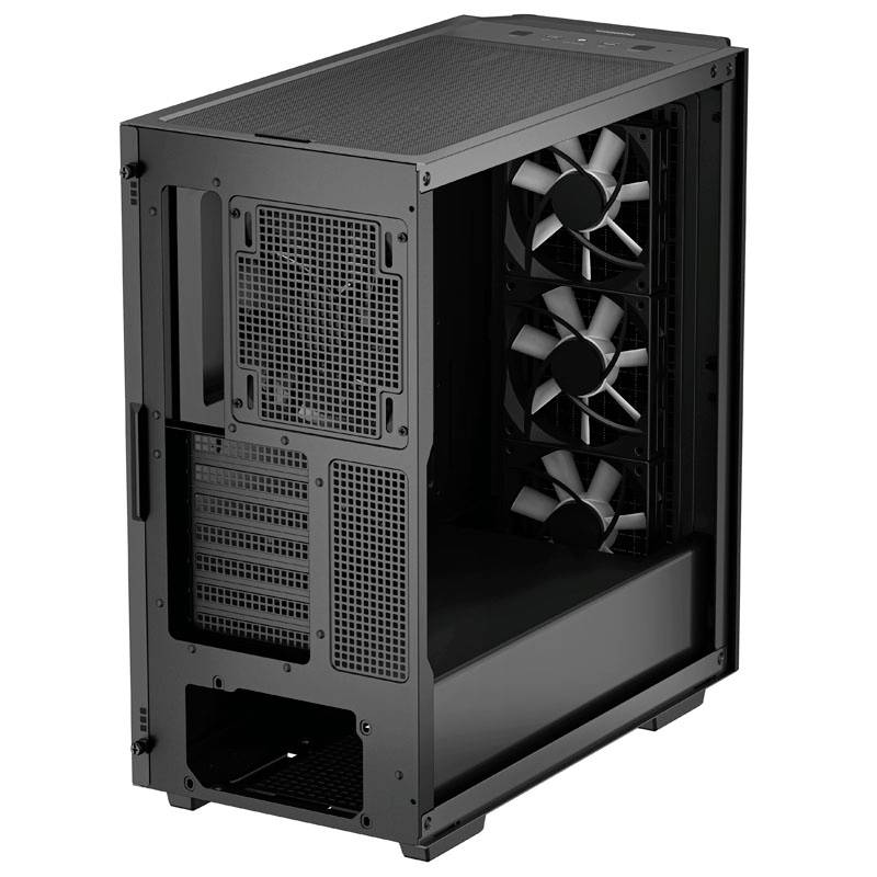 Ein schwarzes Computergehäuse mit sichtbaren Lüftern auf der Vorderseite und Platz für Komponenten im Inneren.