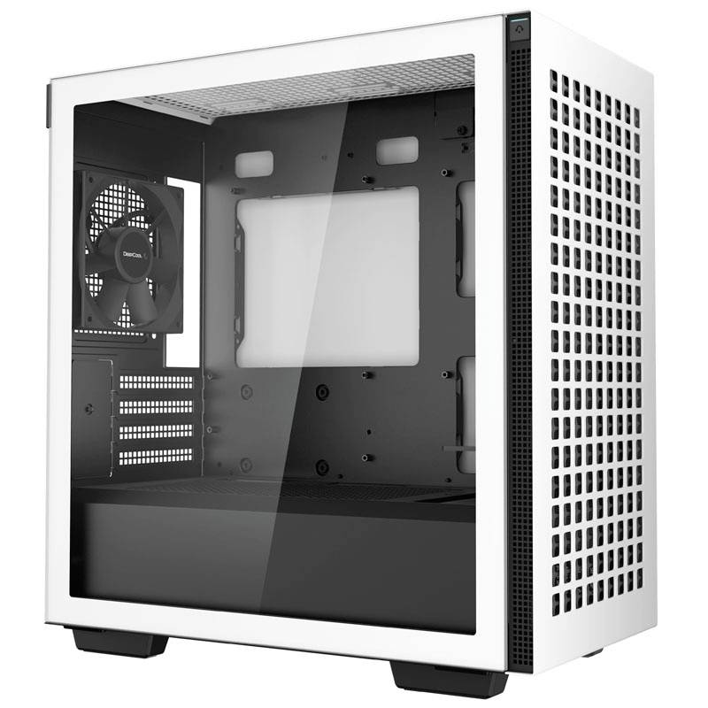 Das Bild zeigt ein weißes Computergehäuse mit durchsichtigem Seitenpanel. Innen sind Lüfter und Halterungen für Hardware sichtbar.
