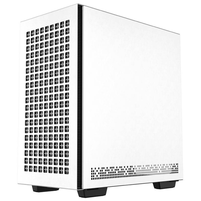 Ein weißes Computergehäuse mit schwarzem Gitter vorn und seitlich, steht auf schwarzen Füßen, geeignet für einen Desktop-PC.