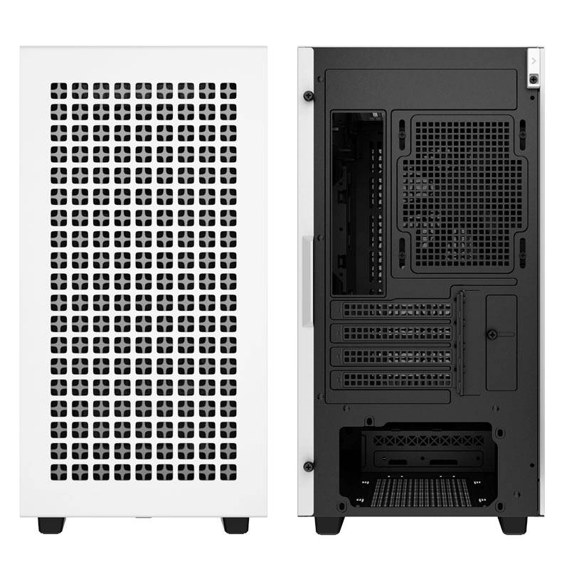 Ein weißes Computergehäuse von vorne und hinten. Die Vorderseite hat ein rechteckiges Lüftungsgitter, die Rückseite zeigt erweiterbare Steckplätze.