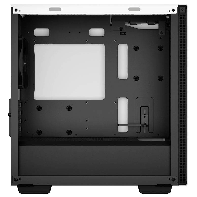 Ein offenes Computergehäuse, schwarz mit weißen Akzenten, zeigt eine leere Innenseite. Geeignet für den Einbau von PC-Komponenten.