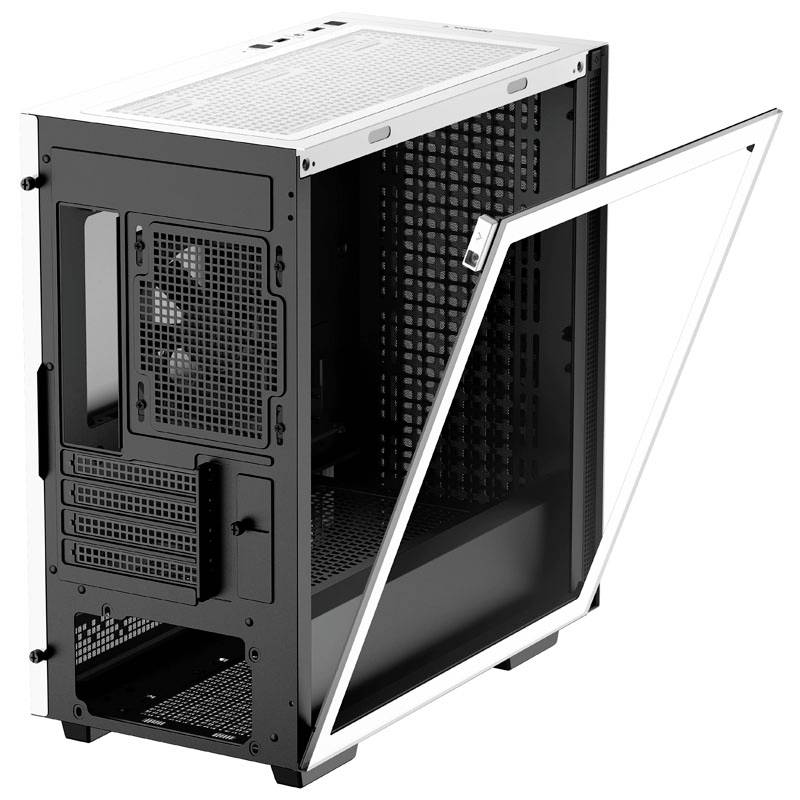 Ein offenes Computergehäuse in Schwarz und Weiß. Sichtbar sind die Innenstruktur mit mehreren Lüfterschlitzen und der geöffnete Seitenpanel in Glasoptik.