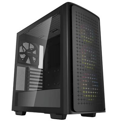 Schwarzes PC-Gehäuse mit Glasseitenteil, sichtbaren Lüftern und buntem LED-Licht im Inneren. Modernes Design, transparenter Einblick.