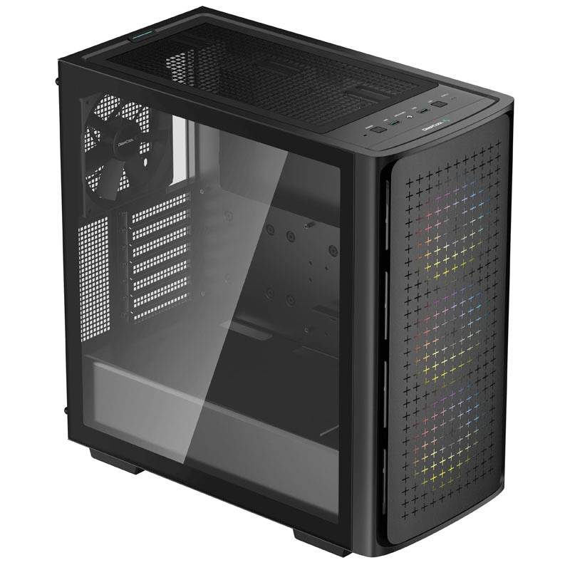 Schwarzes PC-Gehäuse mit durchsichtiger Seitenwand, sichtbare Lüfter vorne mit RGB-Beleuchtung, Lüfter hinten, modernes Design.