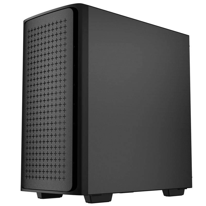 Schwarzes Computergehäuse mit perforierter Front für Belüftung, zeigt minimalistisches Design.