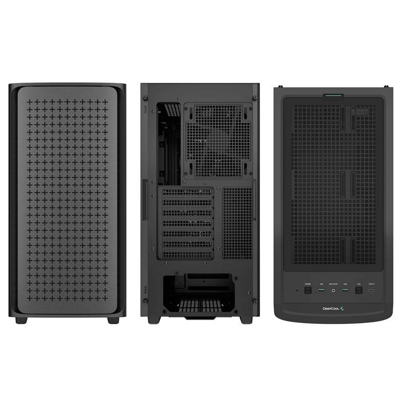 'Dreiteiliges Computergehäuse in Schwarz: Vorderansicht zeigt Gitterdesign, Rückansicht mit Anschlüssen, Seitenpanel mit USB-Ports und Schaltern.'