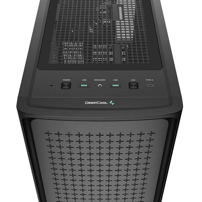 Gehäuse eines Computers in Schwarz mit Lüftungsgittern oben und vorne, sowie Anschlüssen für USB, Mikrofon und LED-Kontrollen.