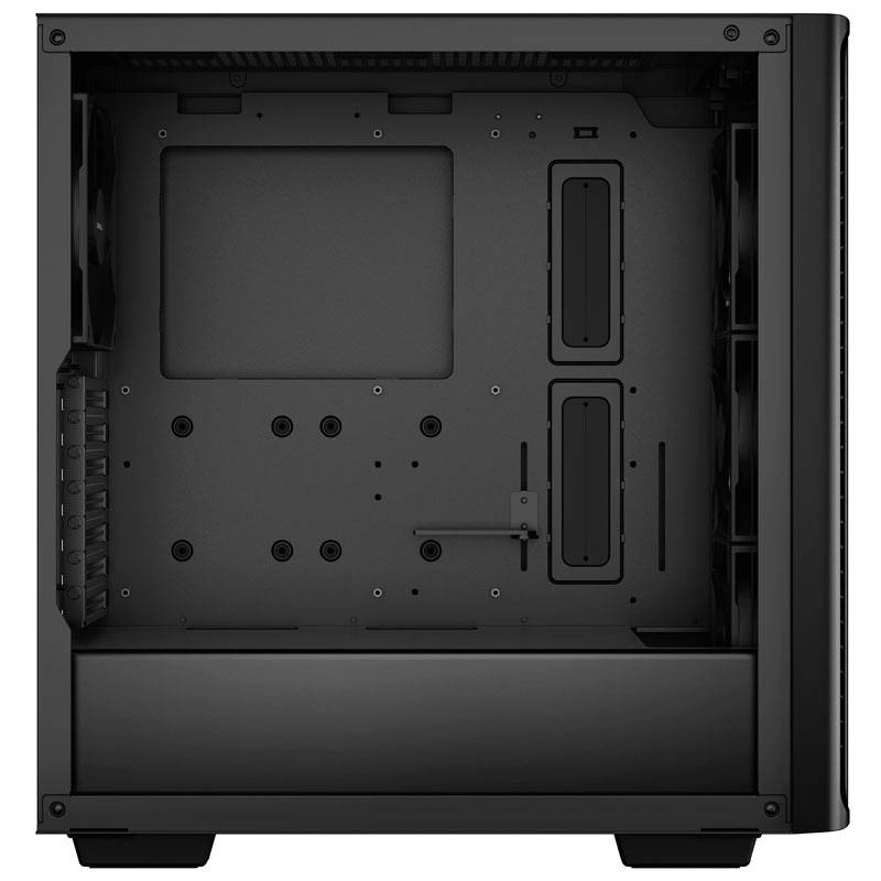 Schwarzes Computergehäuse ohne interne Komponenten, zeigt die Montageplätze für Hardware, mit Kabelmanagement-Optionen.