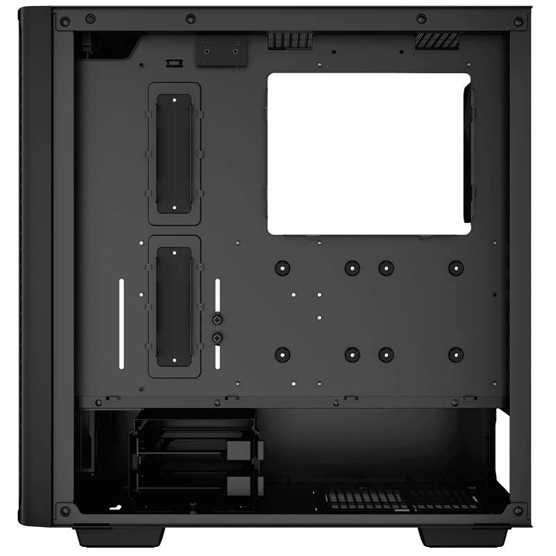 Schwarzes PC-Gehäuse ohne Komponenten, zeigt Innenansicht mit Motherboard-Halterungen, Kabeldurchführungen und Laufwerkschächten.