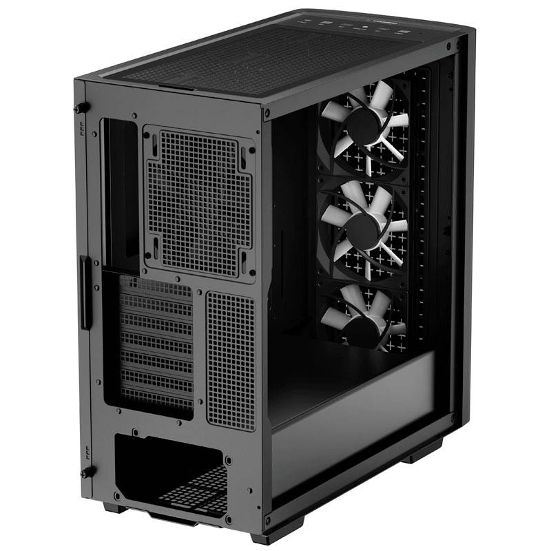 Schwarzes Computergehäuse mit geöffnetem Seitenteil, zeigt drei Lüfter an der Vorderseite und Platz für Erweiterungskarten hinten.