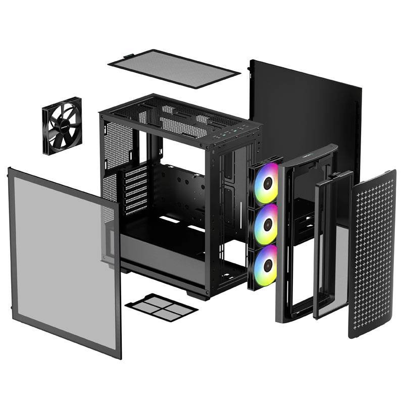 Ein zerlegtes Computergehäuse mit mehreren Komponenten: Gehäuseteile, Lüfter, bunte RGB-Lüfter, staubfilterähnliche Abdeckungen.