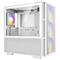 Ein weißes PC-Gehäuse mit transparentem Seitenfenster und leuchtenden LED-Lüftern.
