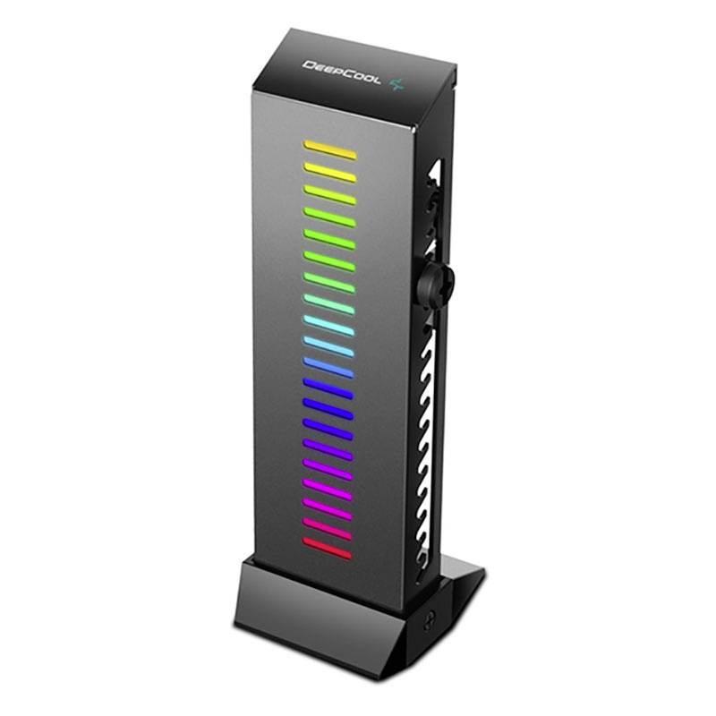 Schwarze, rechteckige PC-Kühlerhalterung mit vertikalen bunten LED-Streifen auf der Vorderseite.