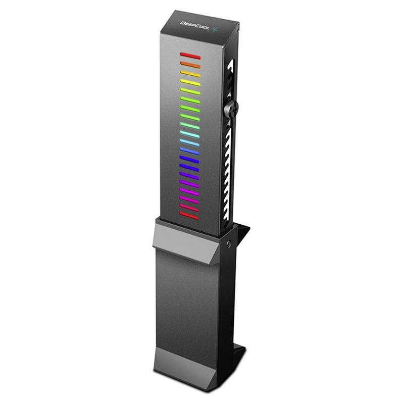 Ein schwarzer Computerbauteil mit vertikalen RGB-LED-Lichtern und einer Skala an der Seite.